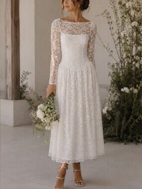 Vintage 80s Dance Allure white Lace Tea Length Wedding Dress sz 4